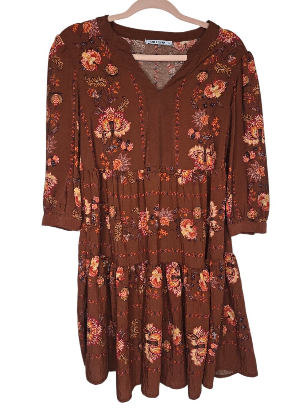 Fig & Flower brown boho dress with floral embroidery and tiered styling
